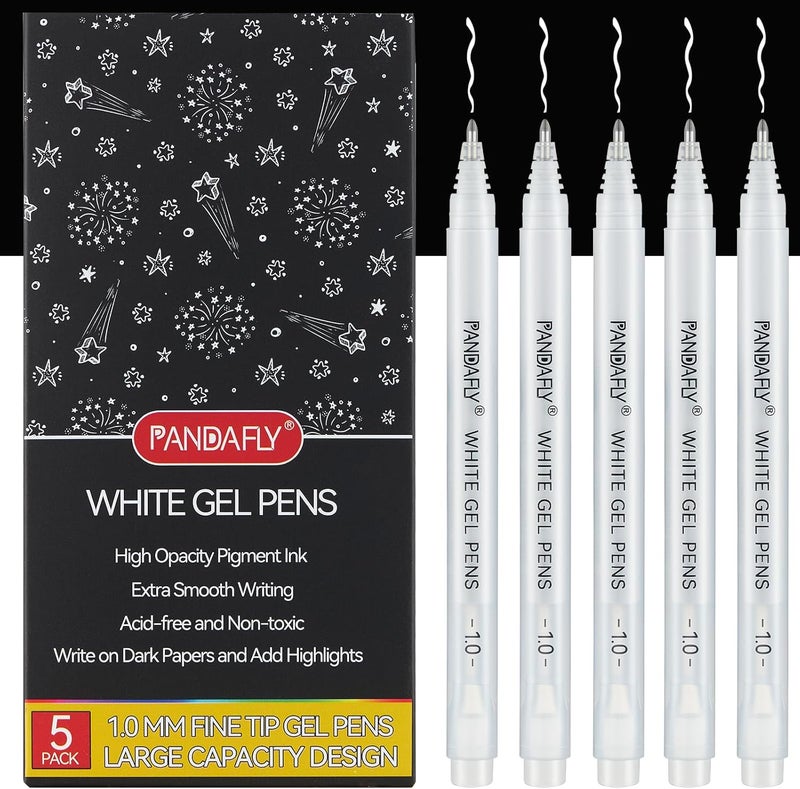 PANDAFLY White Gel Pens, 1 mm Extra Fine Point Gel Ink Pens, Opaque Archival Ink Pens for Black Paper Drawing, Sketching, Card Making, White Gel Pen for Art Highlight & Artists Drawing, 5 Pack - Image 1